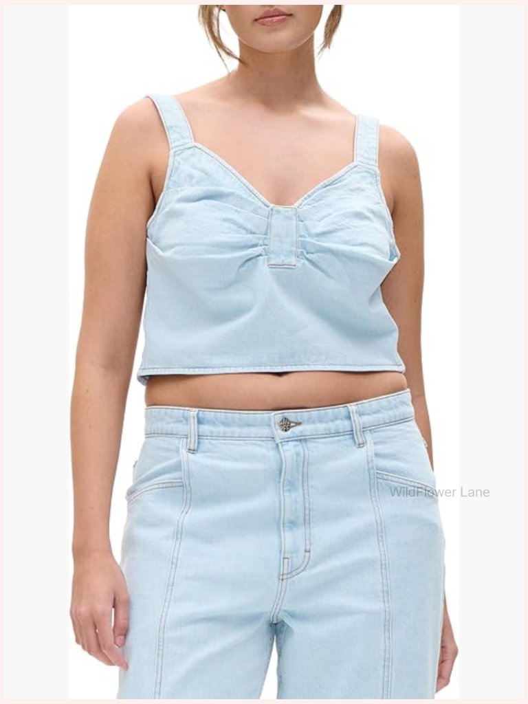 Sleeveless Cropped Denim Top With Smocked Back